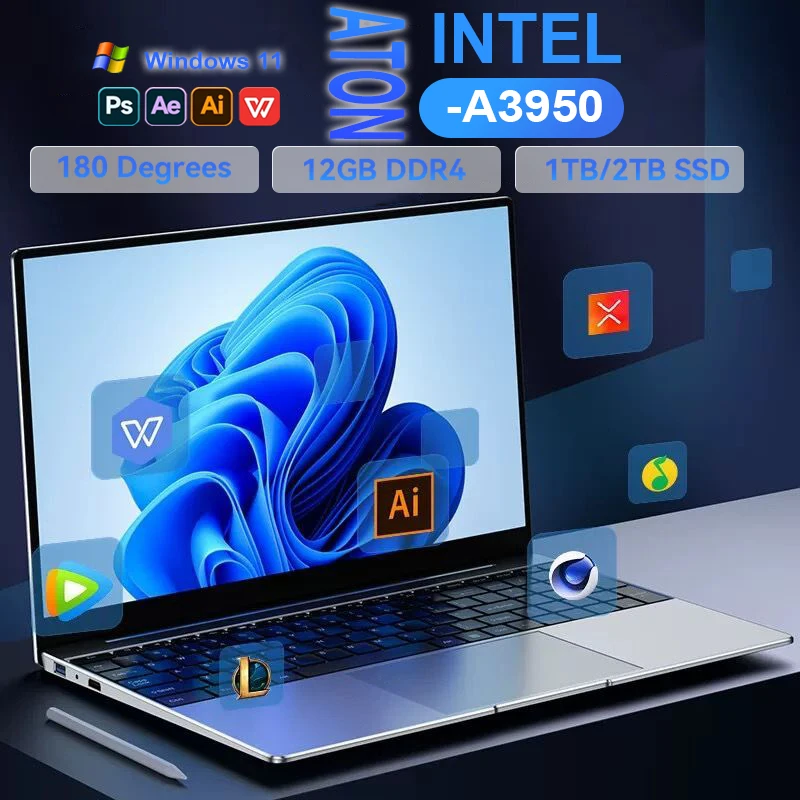 Draagbare laptops 14.1 ''Windows 11 Laptop Computer intel Atom A3950 Kantoor Laptop 12GB DDR4 1TB SSD 1920*1080P Notebook Computer