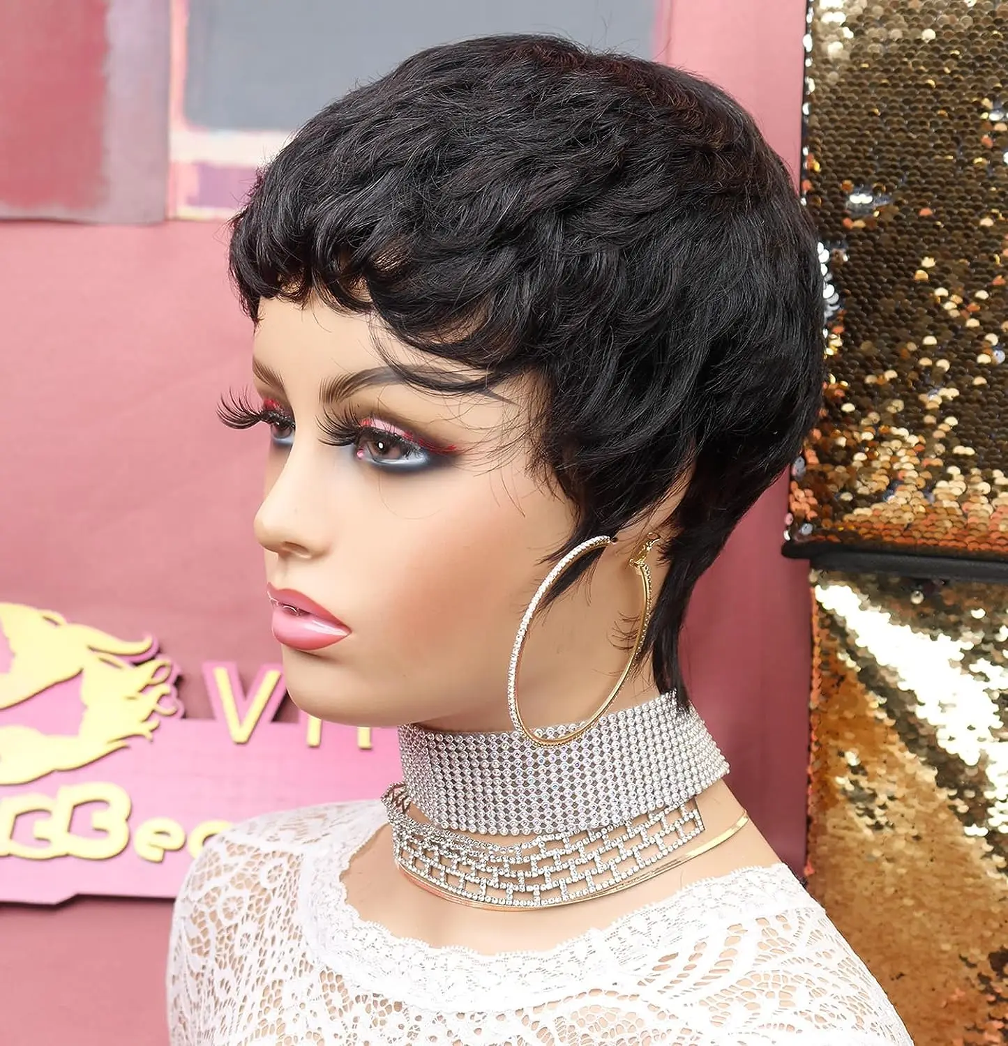 Perruque synthétique courte de style elfe pour femmes noires, perruque superposée ondulée à la mode avec filet à cheveux gratuit