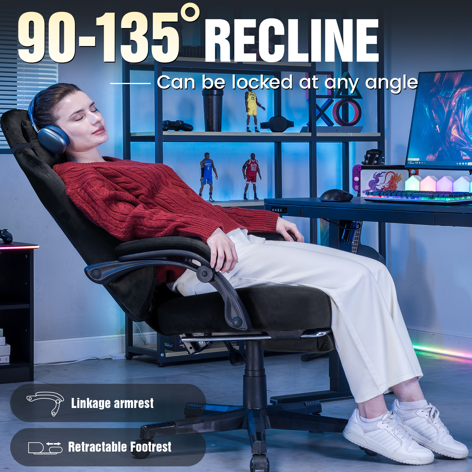 GTPLAYER Fabric Gaming Chair, Ergonomic Computer Chair with Footrest and Lumbar Support Height Adjustable Home Office Chair with