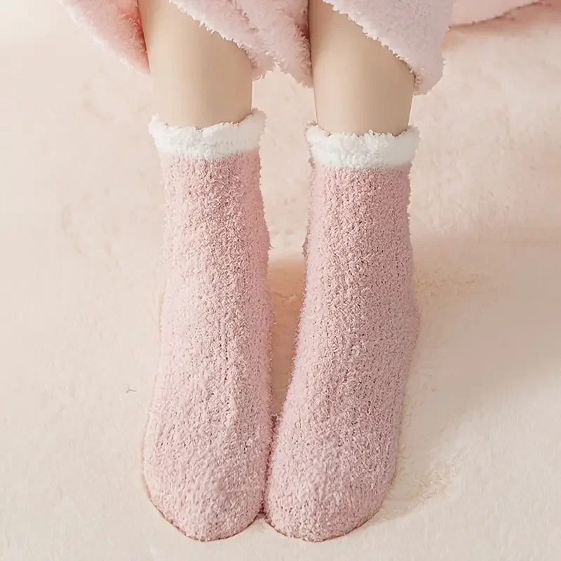 5 pares de calcetines gruesos de lana color coral para mujer, calcetines de invierno cómodos y cálidos de manga media, calcetines de suelo