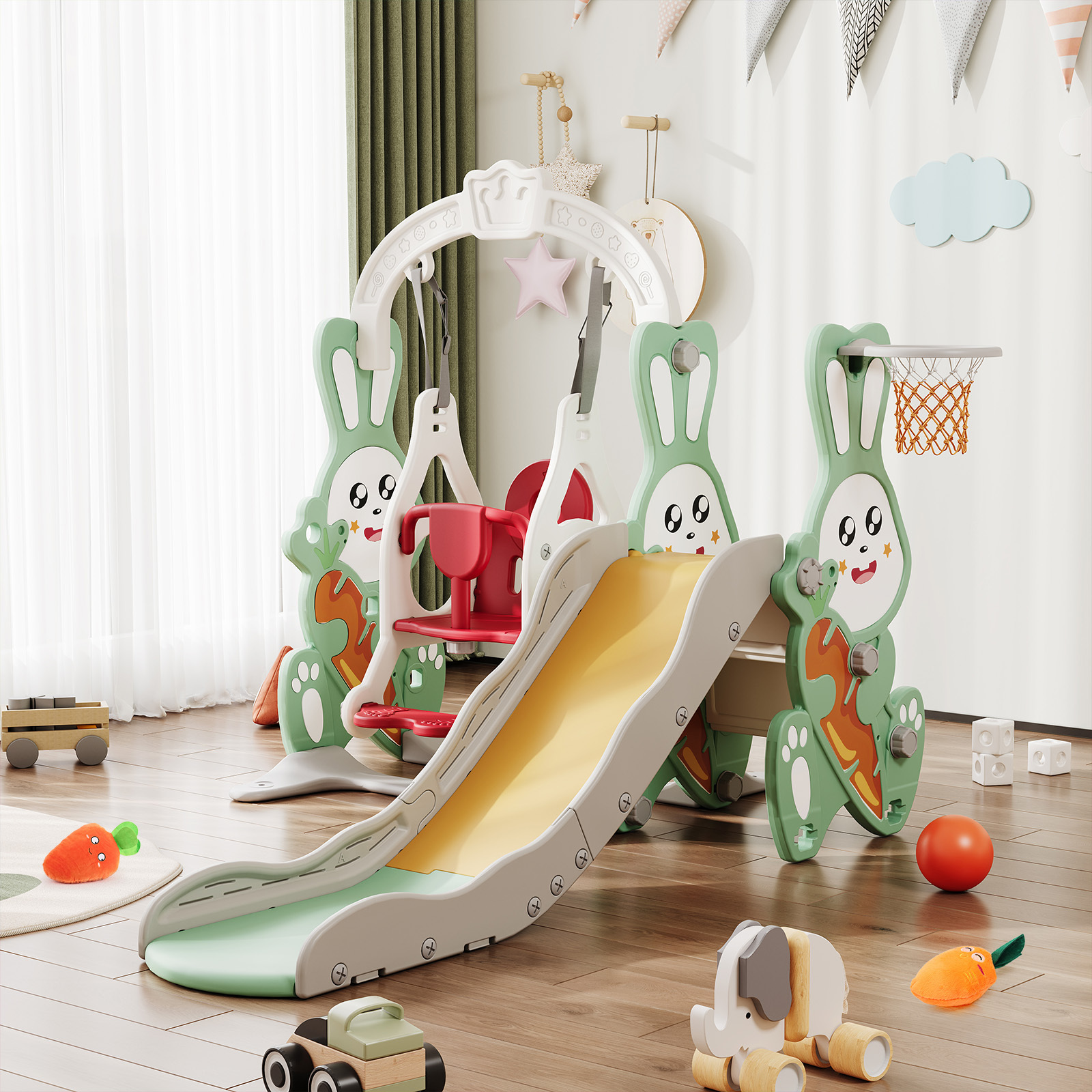 WoodenAura 4-in-1-Kinderrutsche mit Schaukel, Kletterleiter, Basketballkorb, Basketball, Indoor- und Outdoor-Spielplatz, Indoor