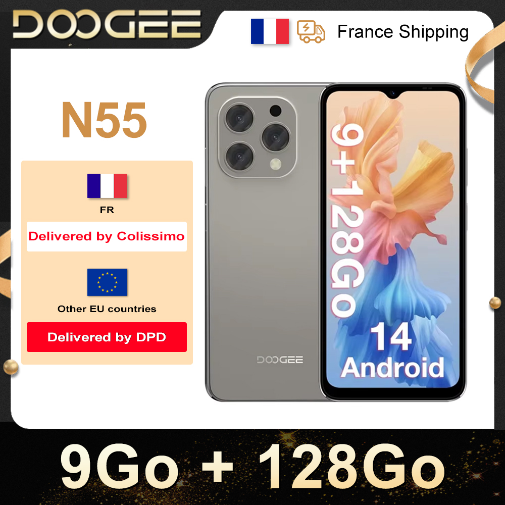 Doogee-smartphone N55, Android 14, 9 GB, 4 GB, 5 GB, 128 Go, gekwalificeerde herkenning Ontgrendelscherm IPS 90 Hz