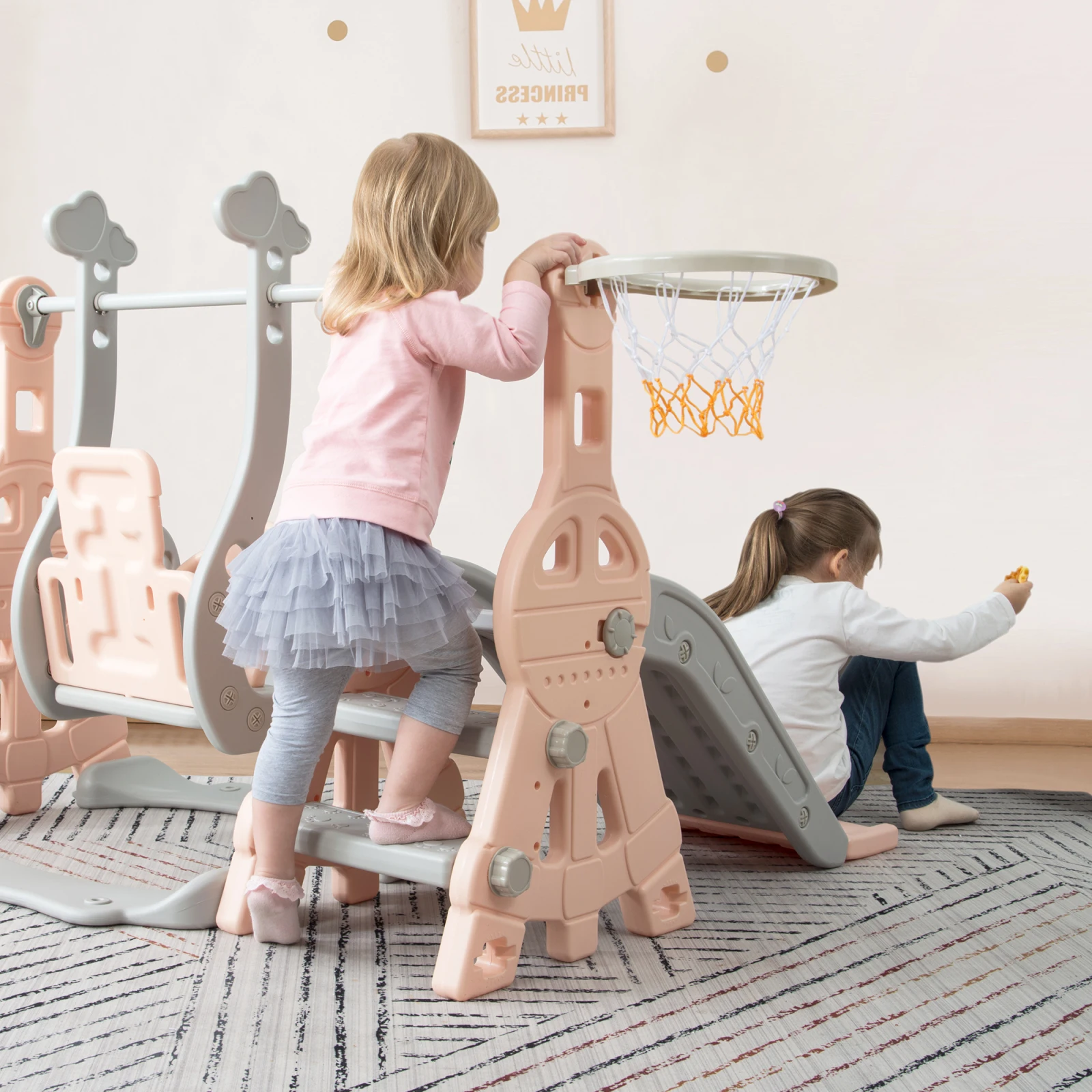 Rosahqnda Scivolo per bambini, 4 in 1, altalena + supporto da basket + scala, adatto per 1~3 anni, scivolo per interni ed esterni