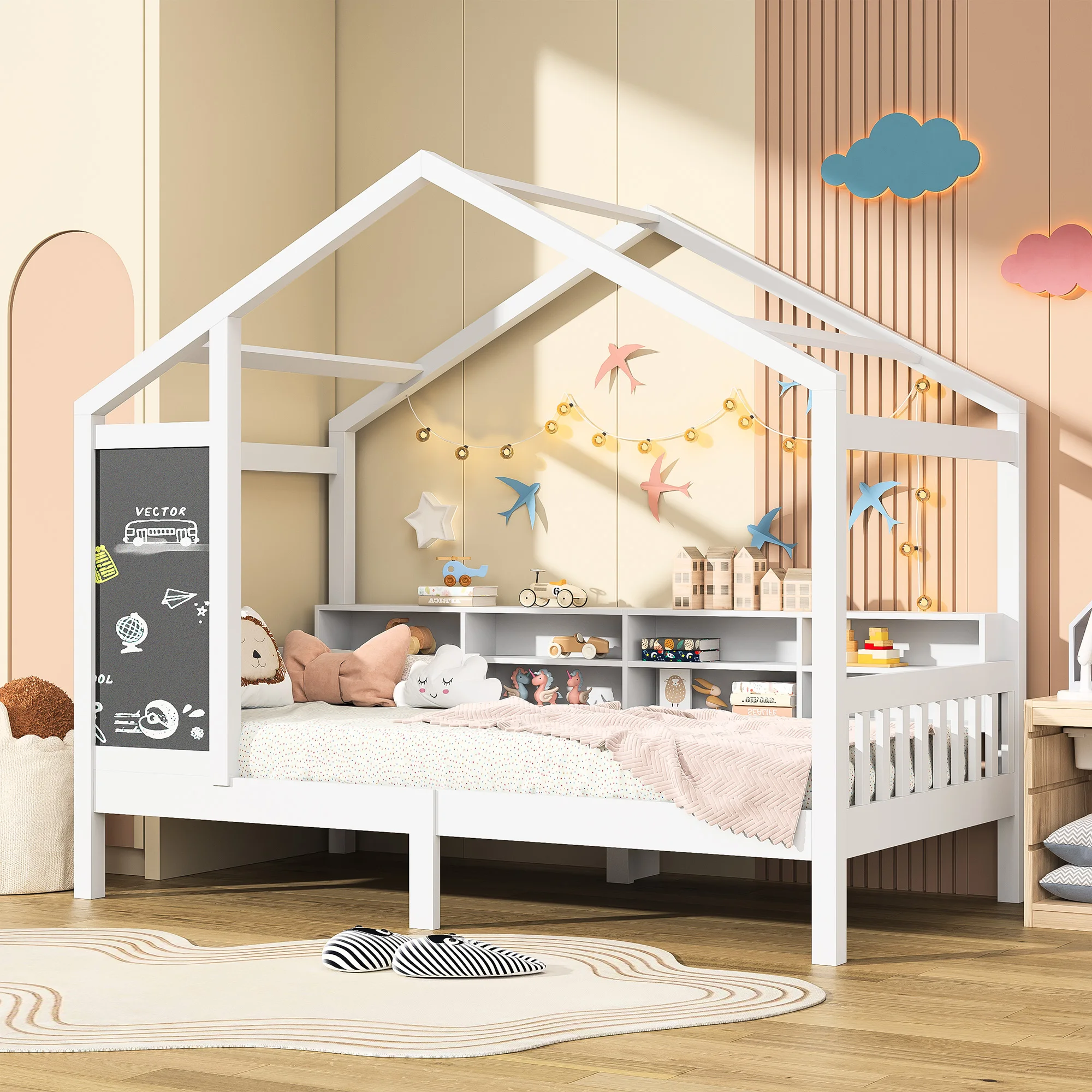 Cama infantil de madeira com quadro-negro e espaço de armazenamento, madeira maciça com moldura ralada, sem colchão, 90x200 cm