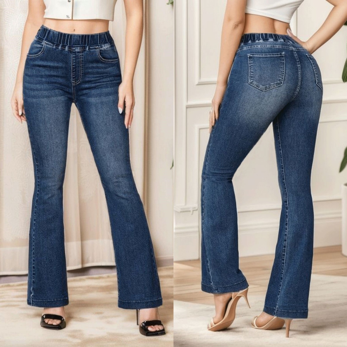 Frühling 2024, neue Mode, hohe Stretch, elastische Taille, Boot-Cut-Jeans, schmale Passform, Hip-Lift-Denim, ausgestellte Hosen, lässige dünne Hosen