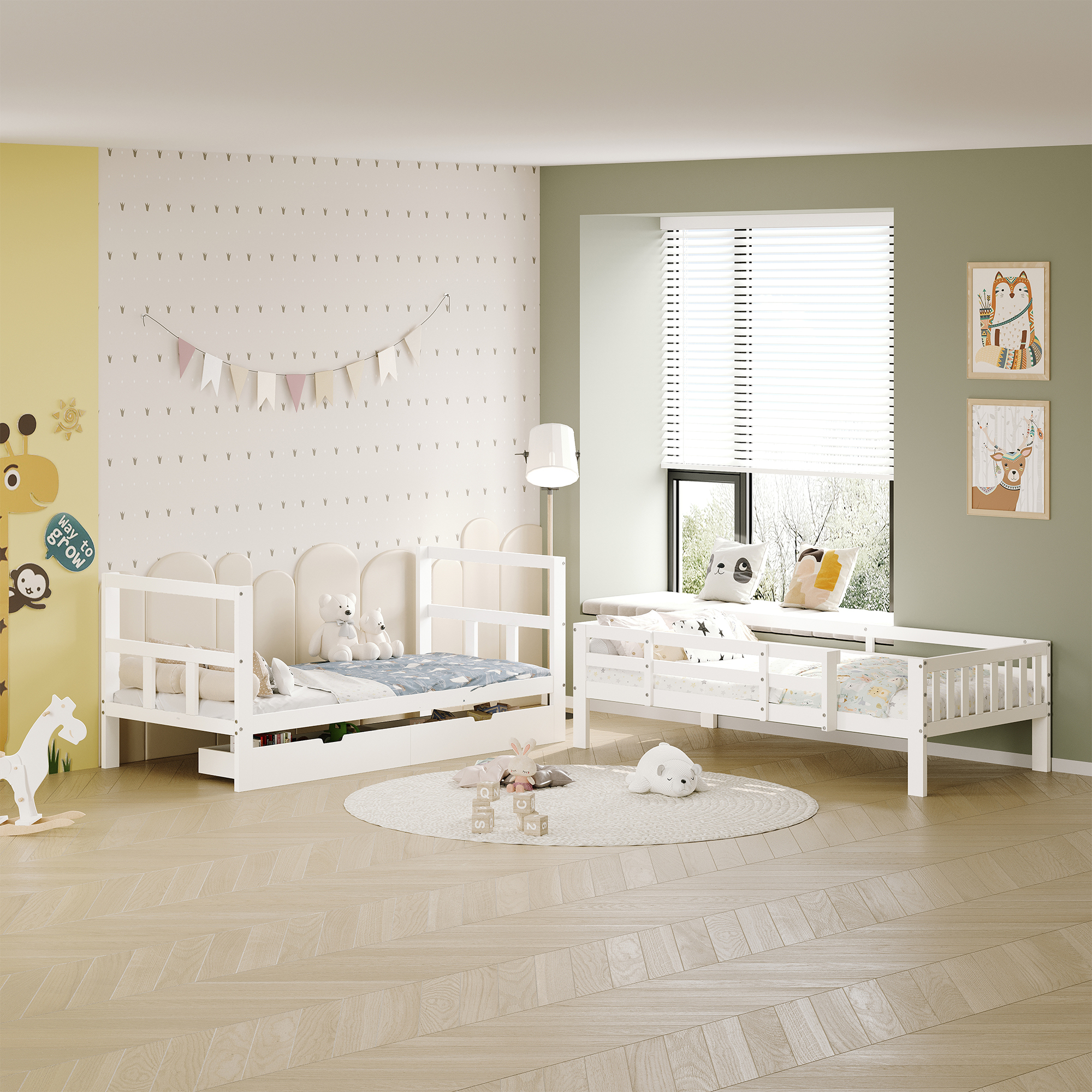 Rosahqnda lit enfant 90*200 cm lit multifonction lit simple lit double avec protection contre les chocs et 2 tiroirs lit garçon lit fille