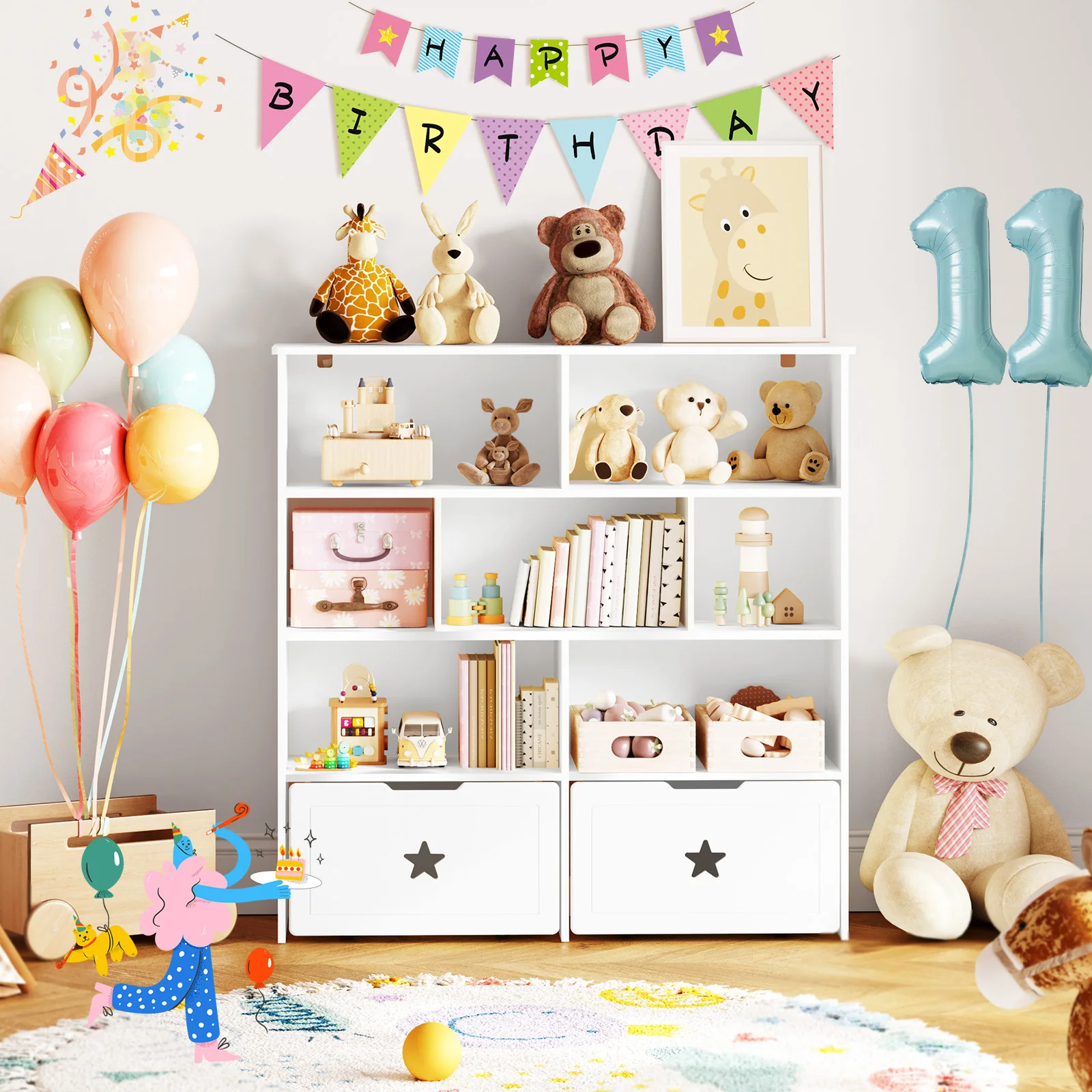 46" Toy Shelf for Kids Rooms,Cute Star Toy Storage Cabinet,Kids Bookshelf,Kids Bookcase with 7 Cubbies & 2 Rolling Drawers