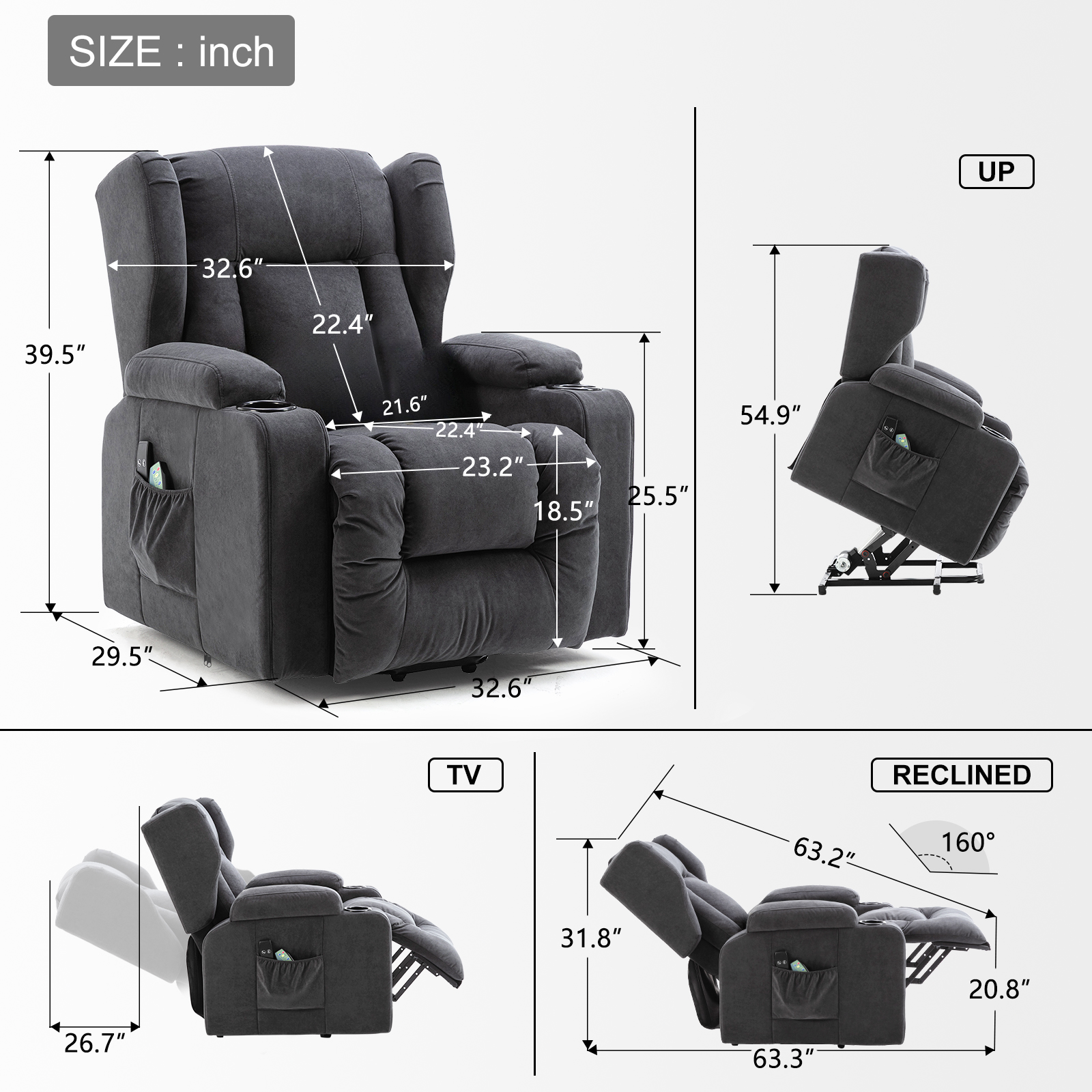 Sillón reclinable COMHOMA, sillón de masaje con elevación y superficie de tela, sillón elevador eléctrico, sillón para TV, sillón con elevación y función reclinable, tela