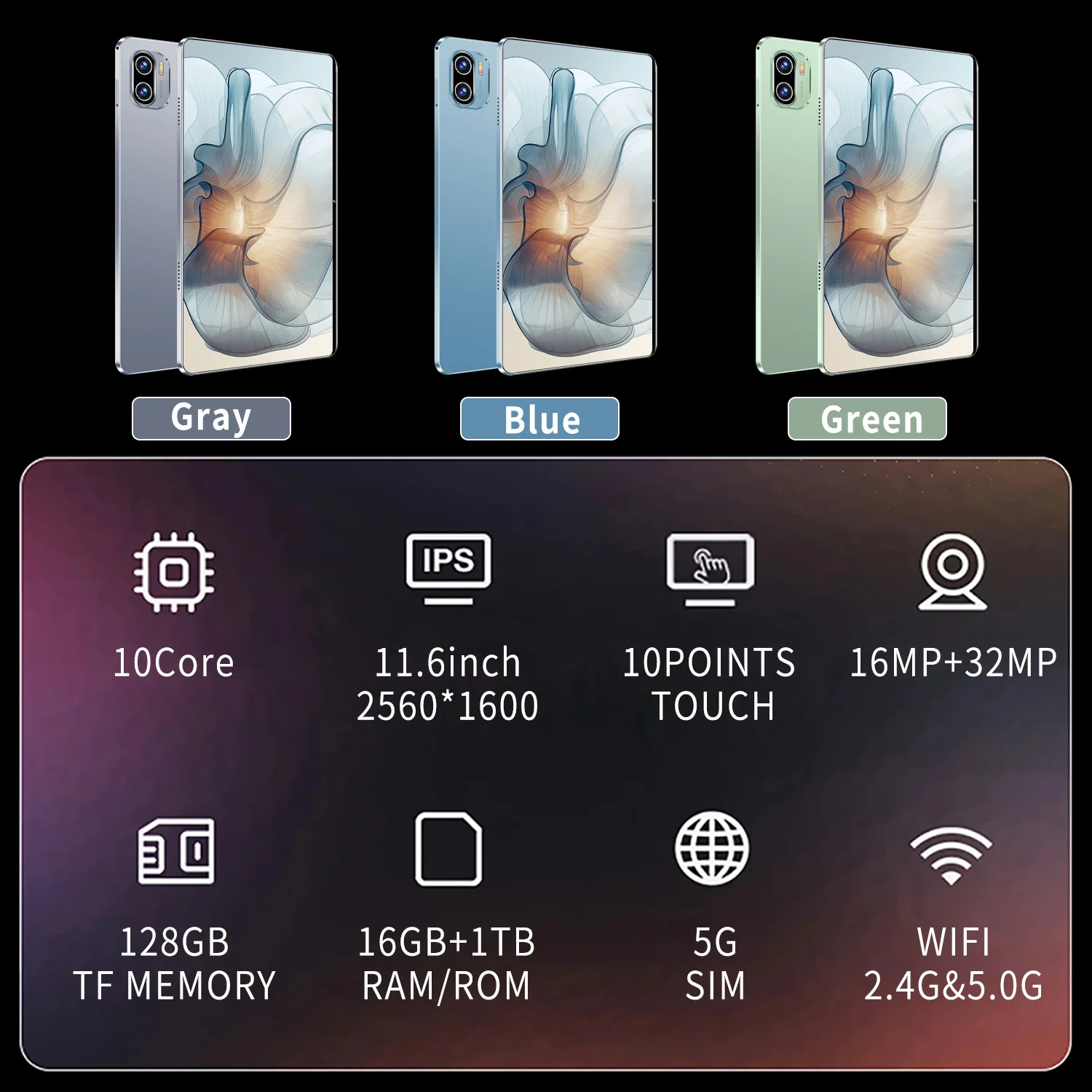 2024 New 5G tablet PC 11.6 inch tablet android 16GB+1TB ROM 16MP+32MP Network 12000mAh Android 13.0 Wifi Bluetooth Dual SIM