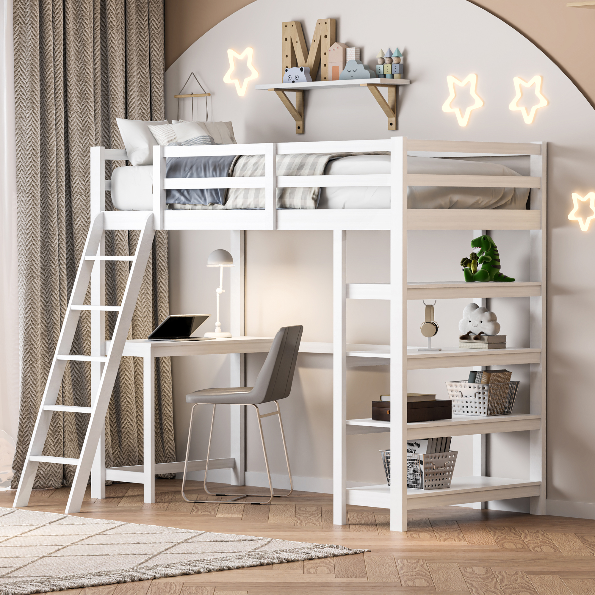Cadre de Lit en Bois Blanc Polyvalent, Meuble Loft avec Escalier, Lit Simple, Table, 90x200 cm
