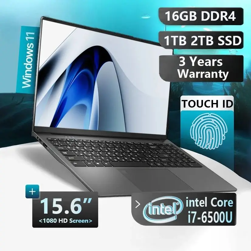 FUCHU 15.6 ''Computer portatile 16GB DDR4 1TB SSD Intel i7-6500U Computer Impronte digitali sblocco Windows 11 Laptop Ufficio Studio Gioco PC