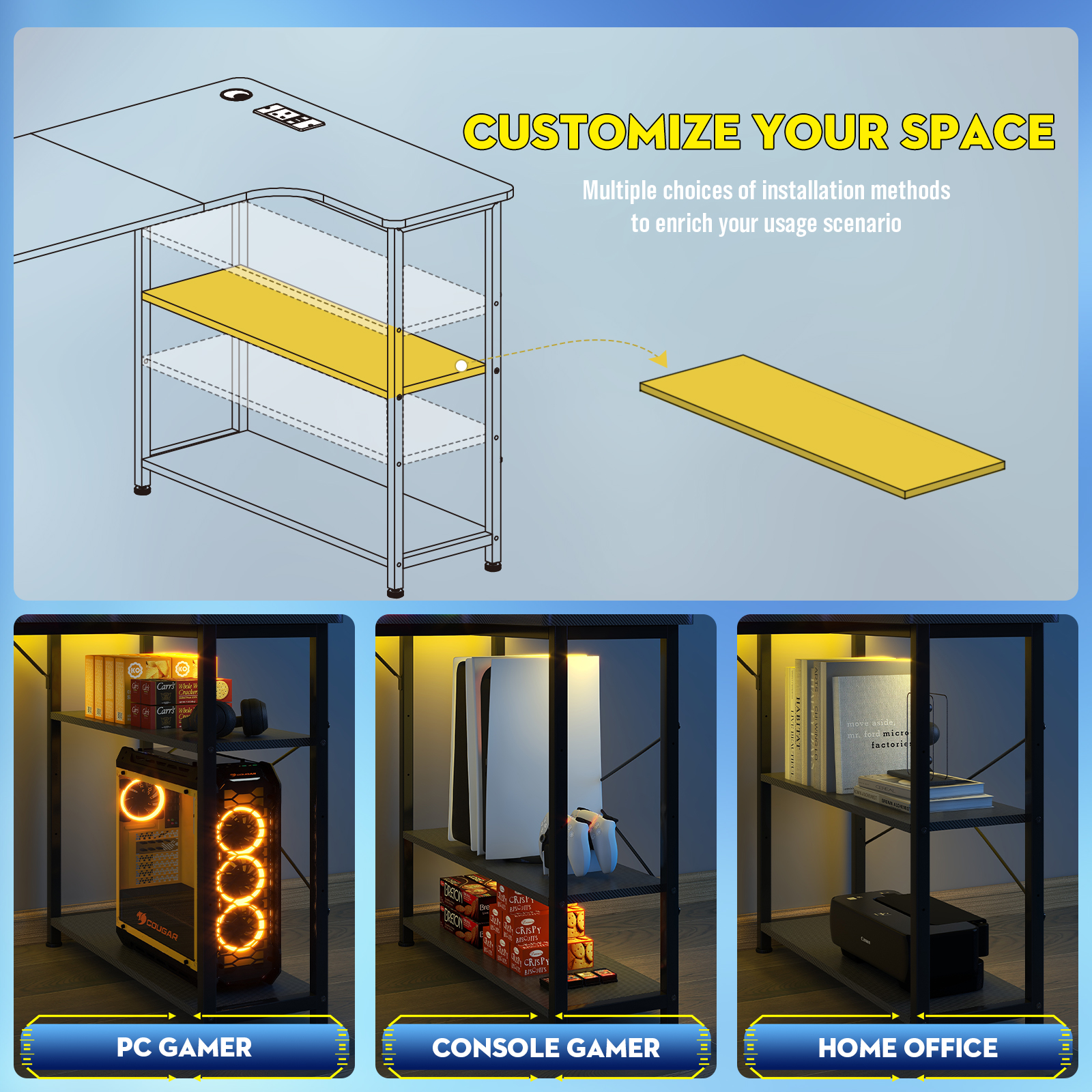 COMHOMA L Shaped Gaming Desk with Power Outlets Corner Computer Desk with Shelves Headphone Hook PC Table Workstation