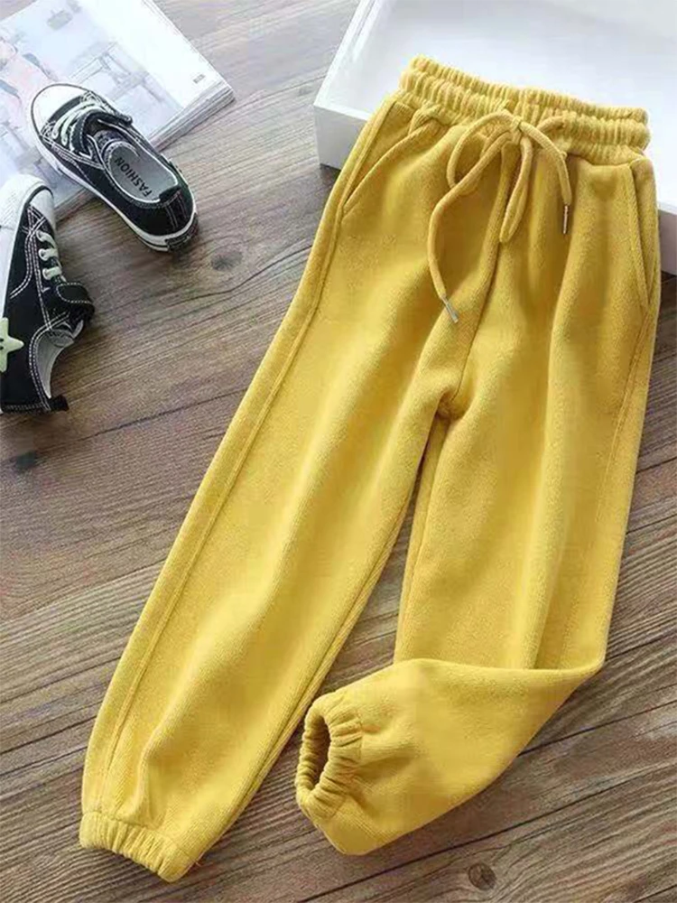 Calça de lã com harém feminino, corredores longos, calça quente, casual esportiva, monocromática, Y2K, inverno