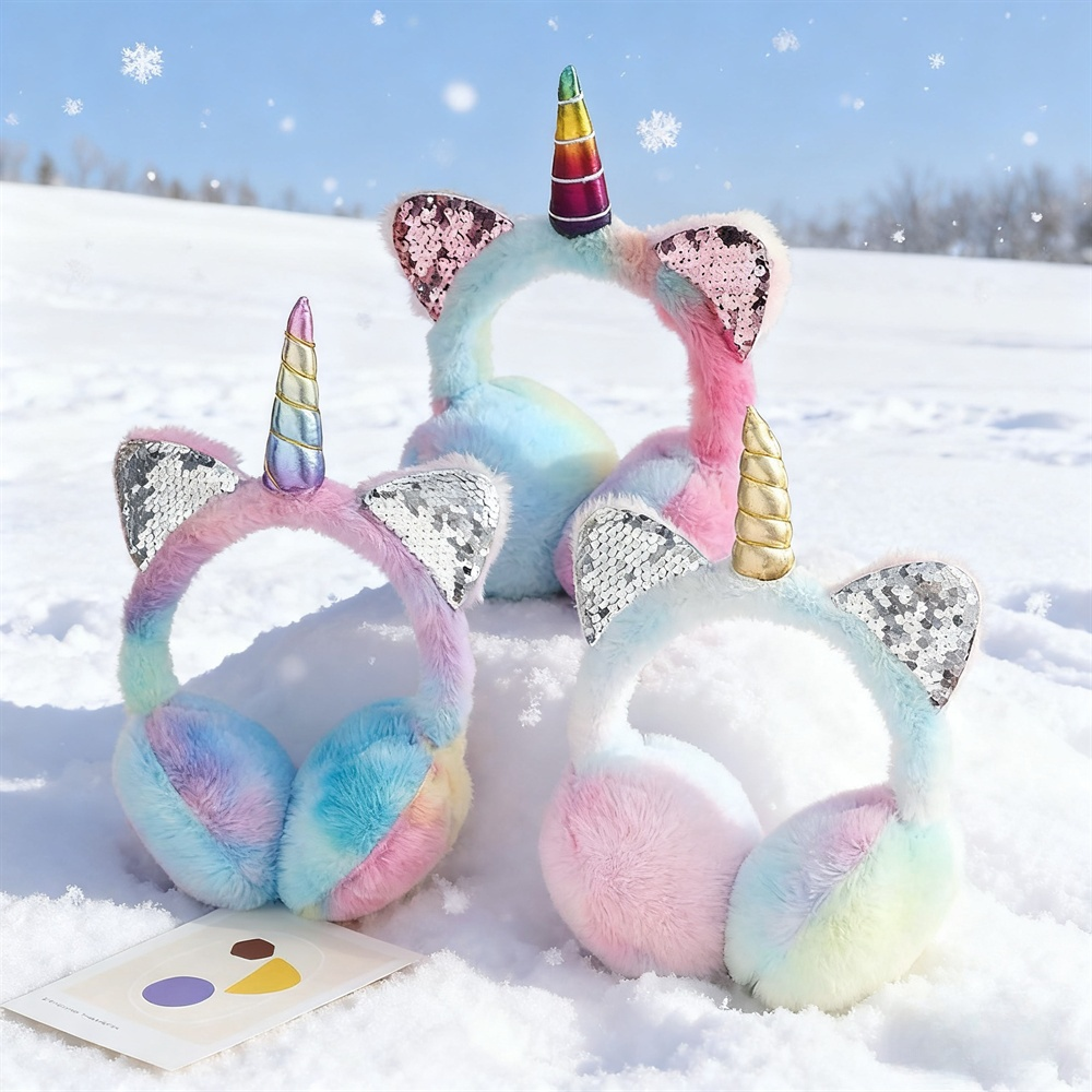 Autumn and Winter Soft Plush Warm Unicorn Earmuffs, Tie Dye Sequins Cat Ear Earmuffs, Protect Ears From Cold,Christmas Gifts