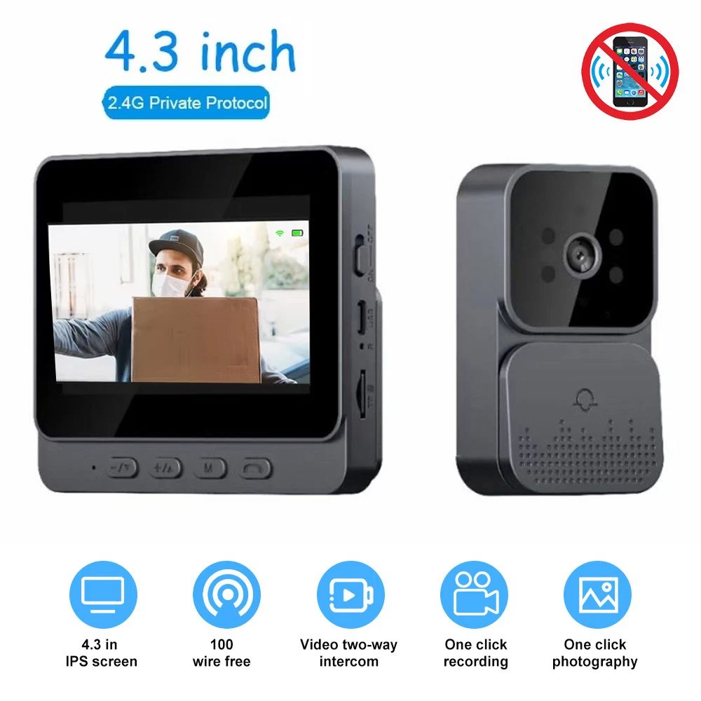 Intelligentes 4,3-Zoll-IPS-Display, kabellose 2,4-G-Video-Türklingel, Infrarot-Nachtsicht, Heim-Gegensprechanlage, Sicherheit