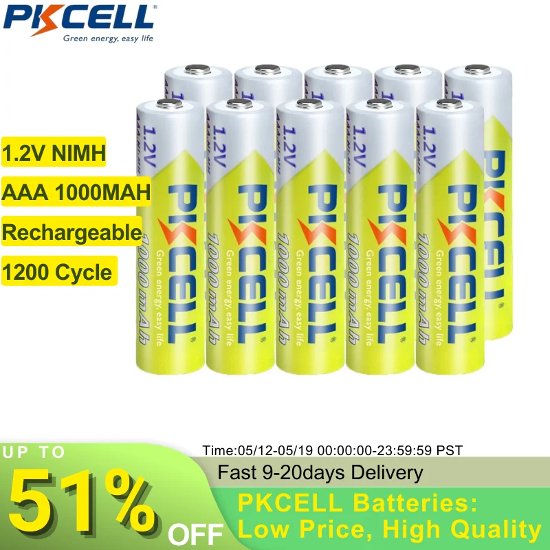 10 Uds PKCELL 1,2 v NI-MH pilas AAA batería 3A 1000MAH AAA batería recargable aaa nimh baterías recargable para juguetes de linterna