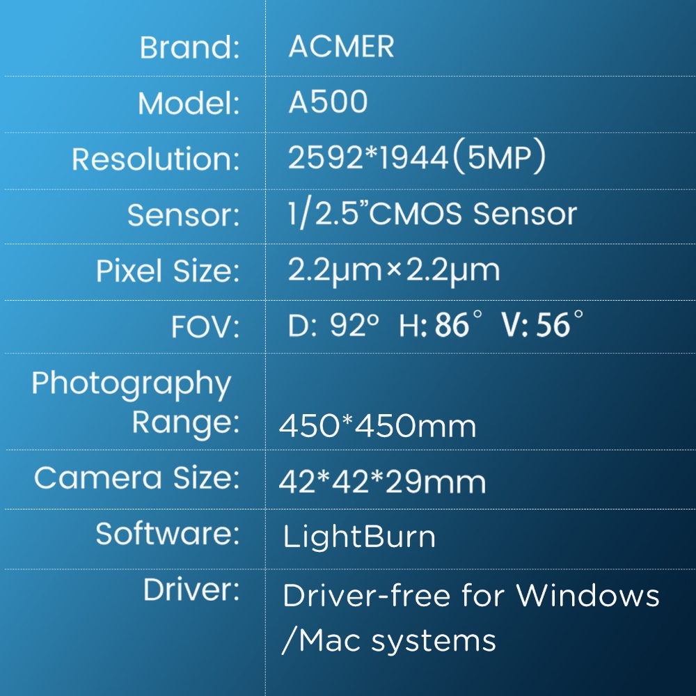 Cámara ACMER A500, cámara Industrial HD de posicionamiento preciso, 5MP, píxeles, 450x450mm, área de trabajo para grabador láser de marco 95%