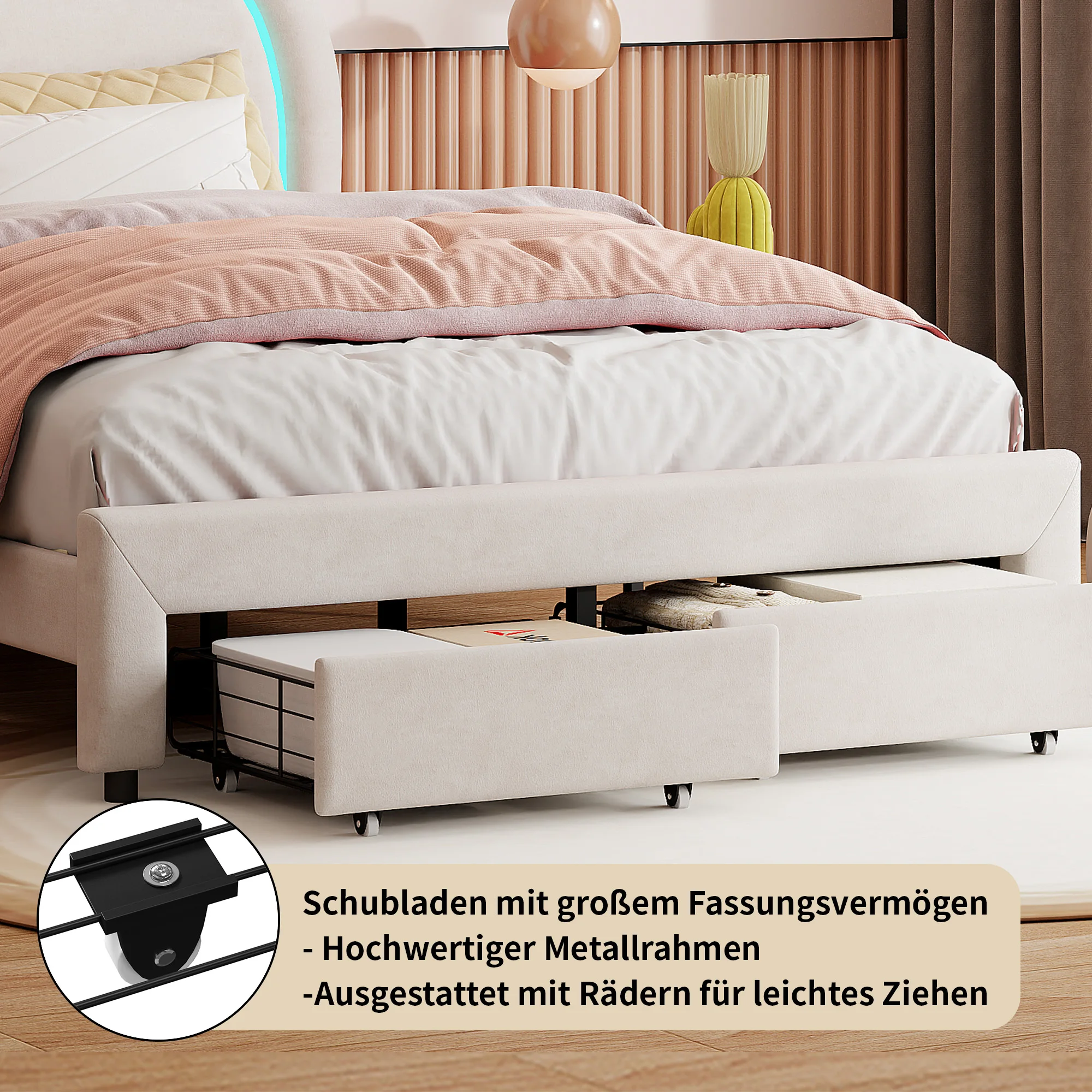 Lit enfant Lit double LED 140 x 200 cm, cadre de lit rembourré avec sommier à lattes et tête de lit réglable, lit en flanelle, lit pour adolescents