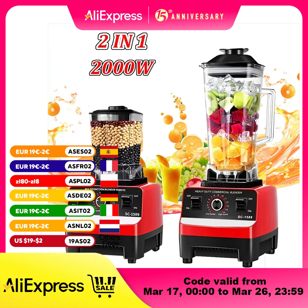 2 in 1 Electric Blender 2000W High Power Heavy Duty Commercial Blender Food Processor Ice Smoothies Kitchen Stationary Mixer