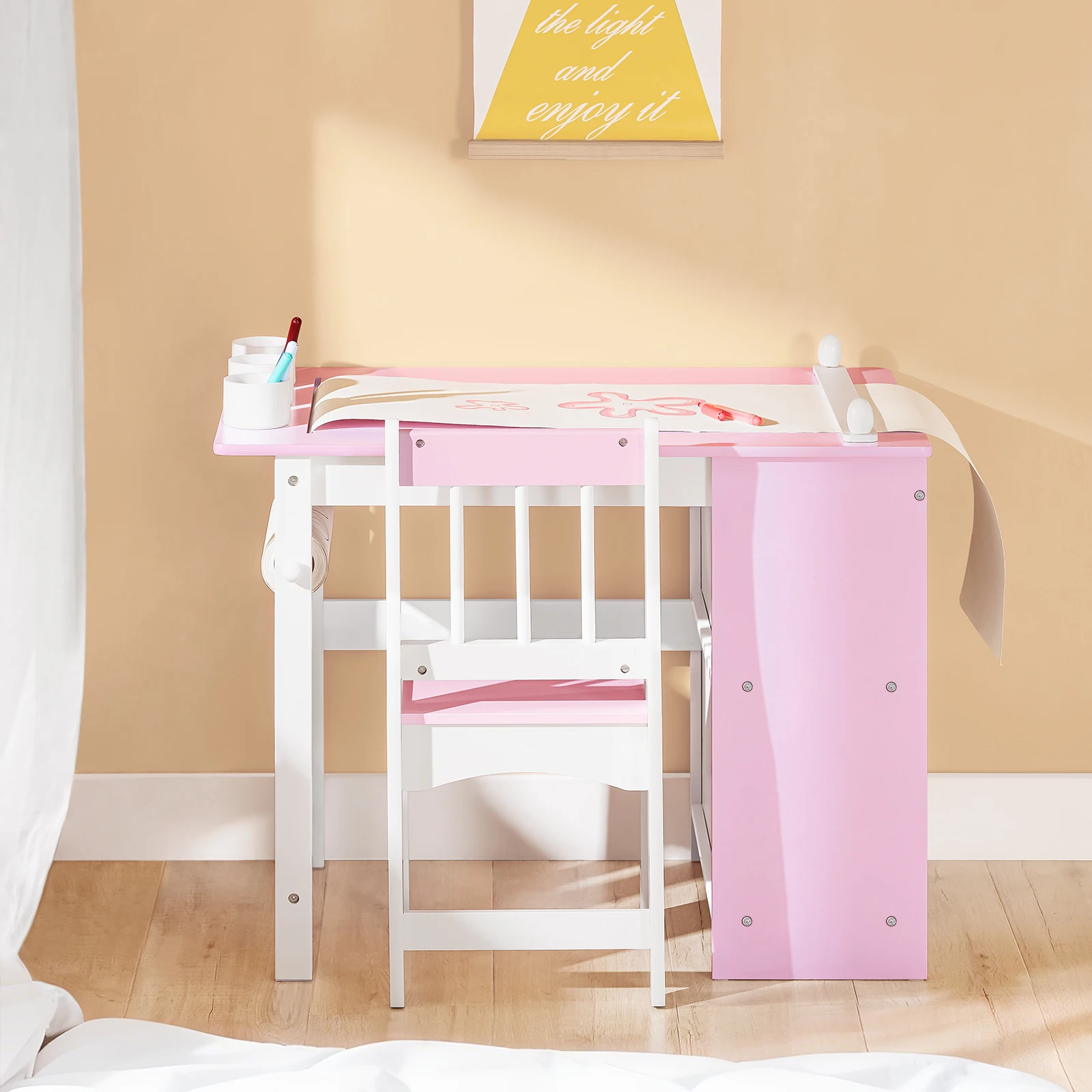 SoBuy KMB116-P 2 Stück Kindertisch und Stuhl Set mit Aufklebern DIY Kinderschreibtisch mit 3 Stifthaltern Set Maltisch