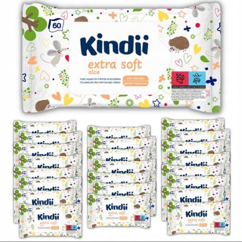Chusteczki nawilżane Kindii extra soft aloe (60 sztuk) x 24 opakowania