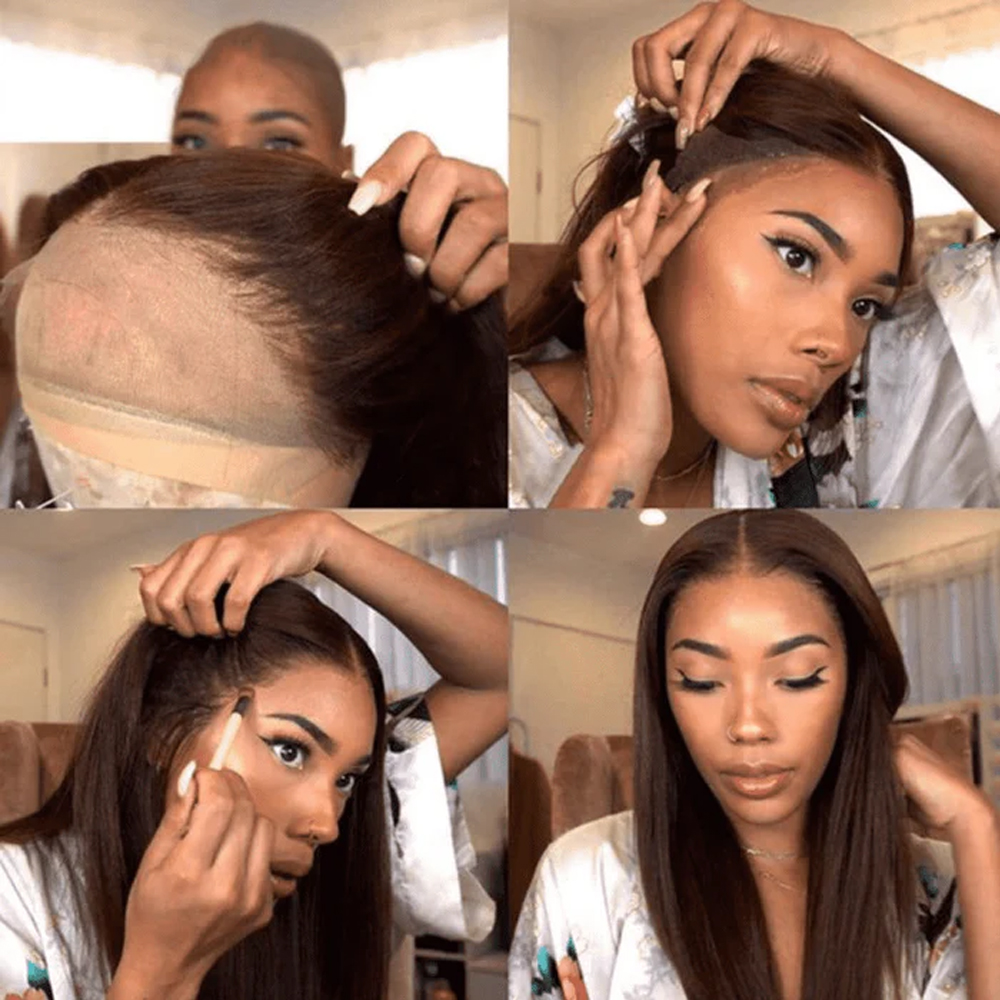 Pelucas delanteras de encaje liso largo marrón Chocolate 13x4 para mujeres negras peluca Frontal de encaje sintético HD transparente de colores prearrancada