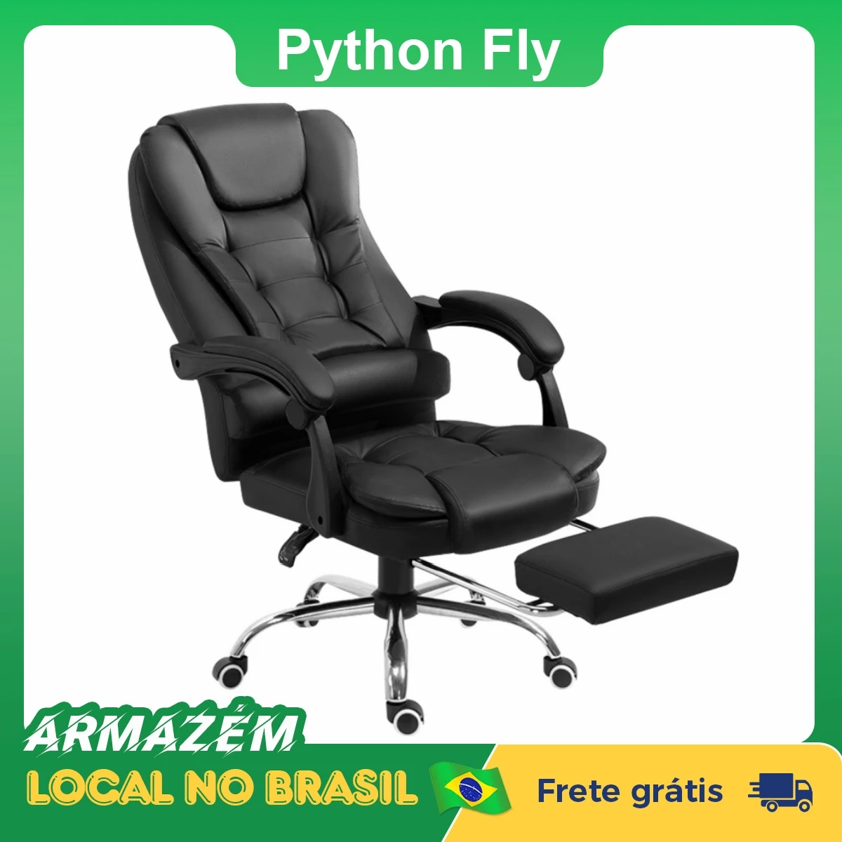 Python Fly Cadeira de Escritório Ergonômica Premium - Ajuste Lombar 90°-150°, Assento em Couro Sintético,Suporte 150kg (Preto)