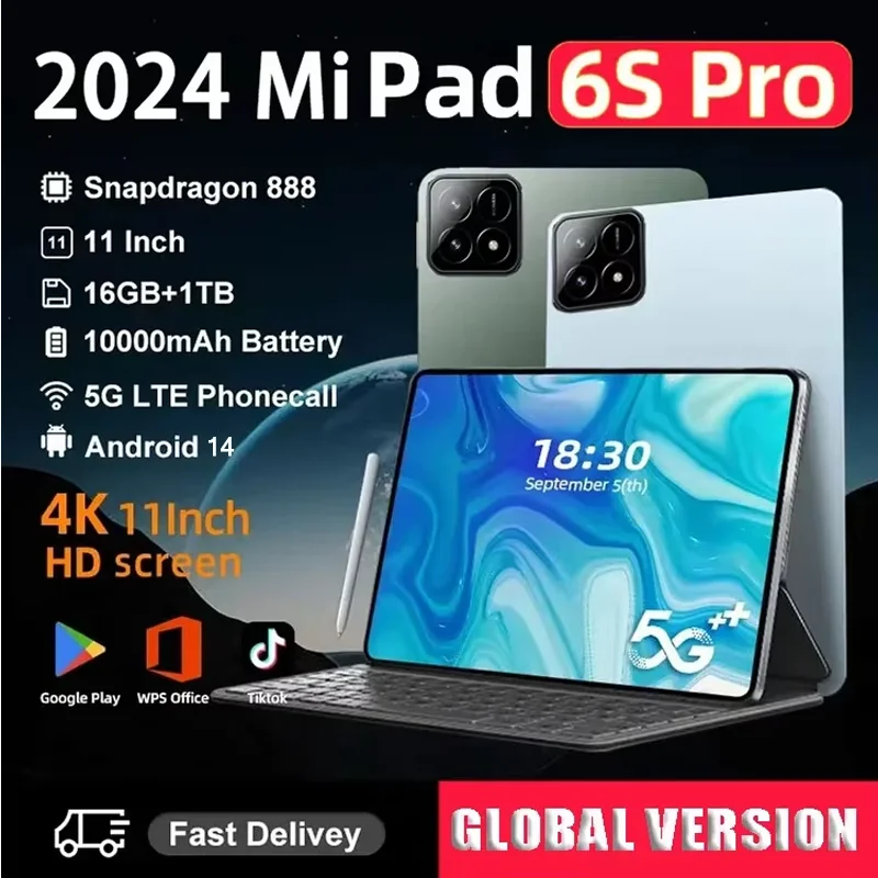 Tableta 6S Pro HD 4K 2024 mAh Snapdragon 10000, 11 pulgadas, 16GB + 1TB, Android 14, 5G, WIFI Dual, Mi Tab, 888