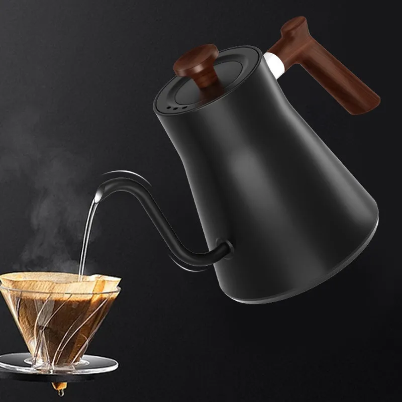 Bollitore elettrico Piccolo bollitore da viaggio portatile Caffè a collo di cigno Kittle elettrico Caffettiera in acciaio inossidabile con manico in legno