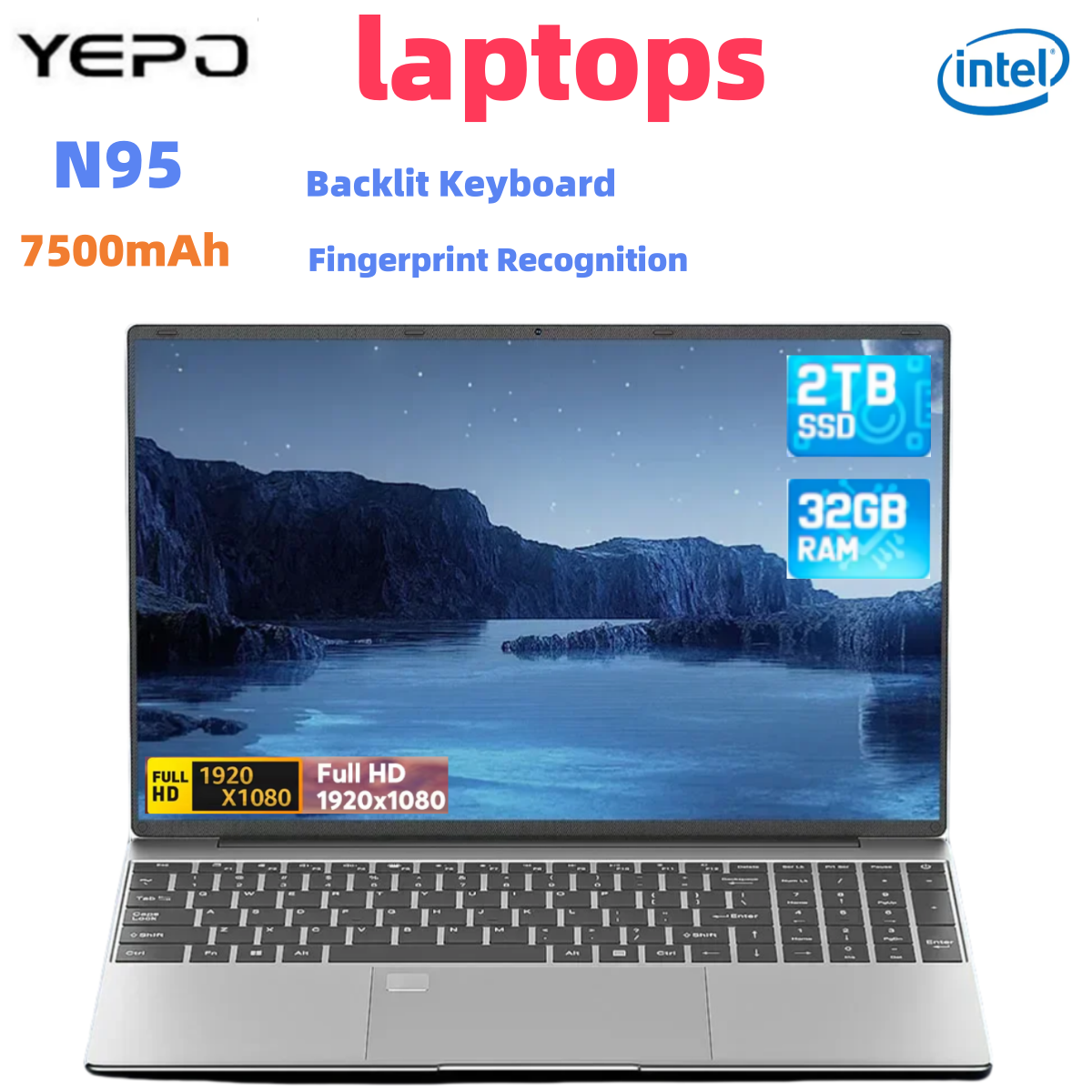 Estación de trabajo portátil Windows 11 Intel N95 15,6 pulgadas portátiles para juegos 7500mAh espera ultra larga Oficina 16GB RAM 2TB SSD