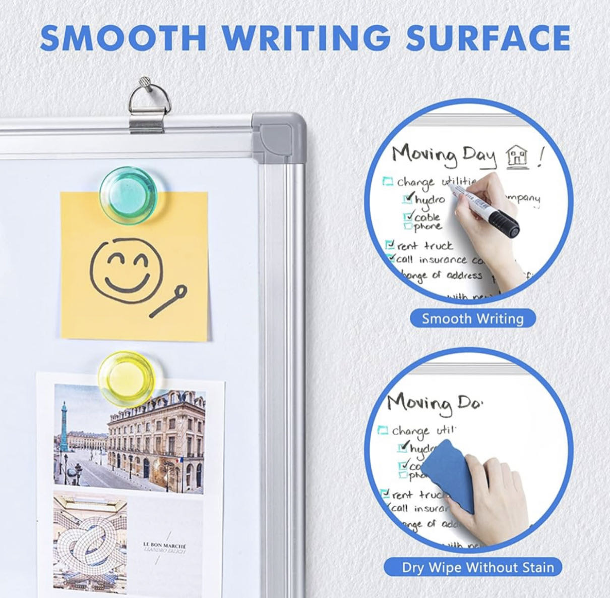 Quadro branco magnético dupla face, um para marcadores e um para giz. Inclui dois ímãs e um marcador apagável a seco. Design moderno com moldura de alumínio prateado, uso frequente e fácil de limpar