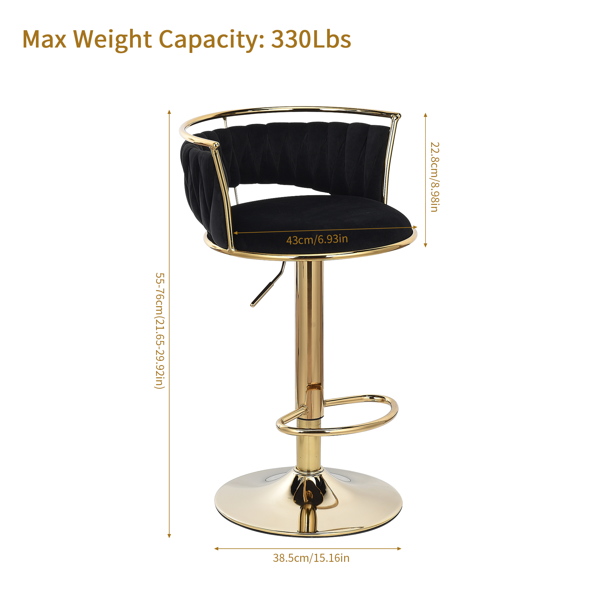 Set di 2 sgabelli da Bar, con gambe placcate in oro e schienale in velluto, regolabile in altezza e girevole a 360 °, con poggiapiedi, nero