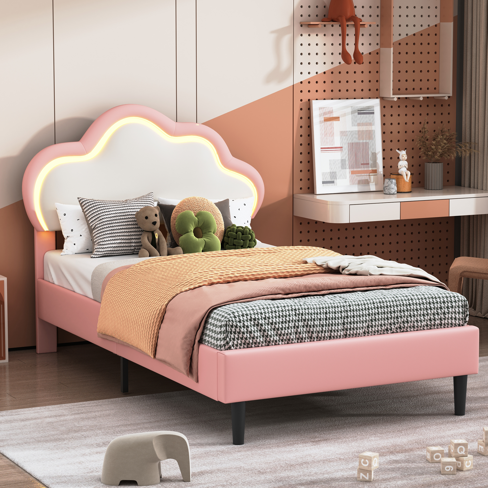 Kinderbed 90x200cm met wolkvormig hoofdeinde, met meerkleurige vormgevende LED's, fluwelen stof, beige