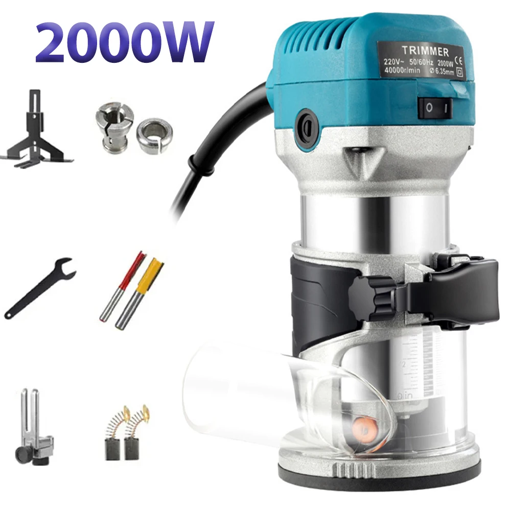 Recortadora eléctrica de madera de 2000W, fresadora para carpintería, recortadoras manuales de 6. a engranaje, enrutador de borde de madera de 40000RPM, herramientas de bricolaje para el hogar