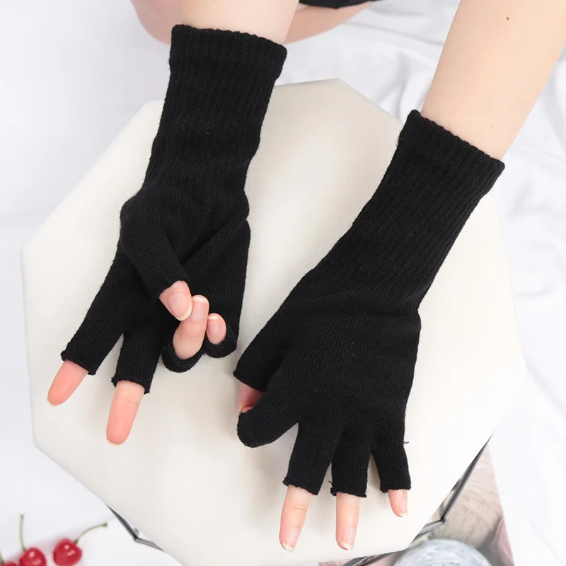 Schwarze Strickhandschuhe Winter Thermal Warm Fingerlos Mode Männer Frauen Reiten Gemütliches Schreiben Fahren Arbeitshandschuhe Elastische Fäustlinge