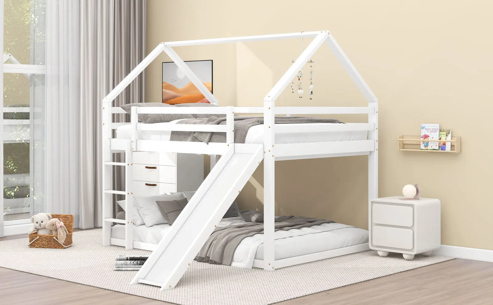 140x200 cm Letto matrimoniale letto per bambini letto a castello con scivolo e scaletta, cameretta alta matrimoniale per bambini, bianco