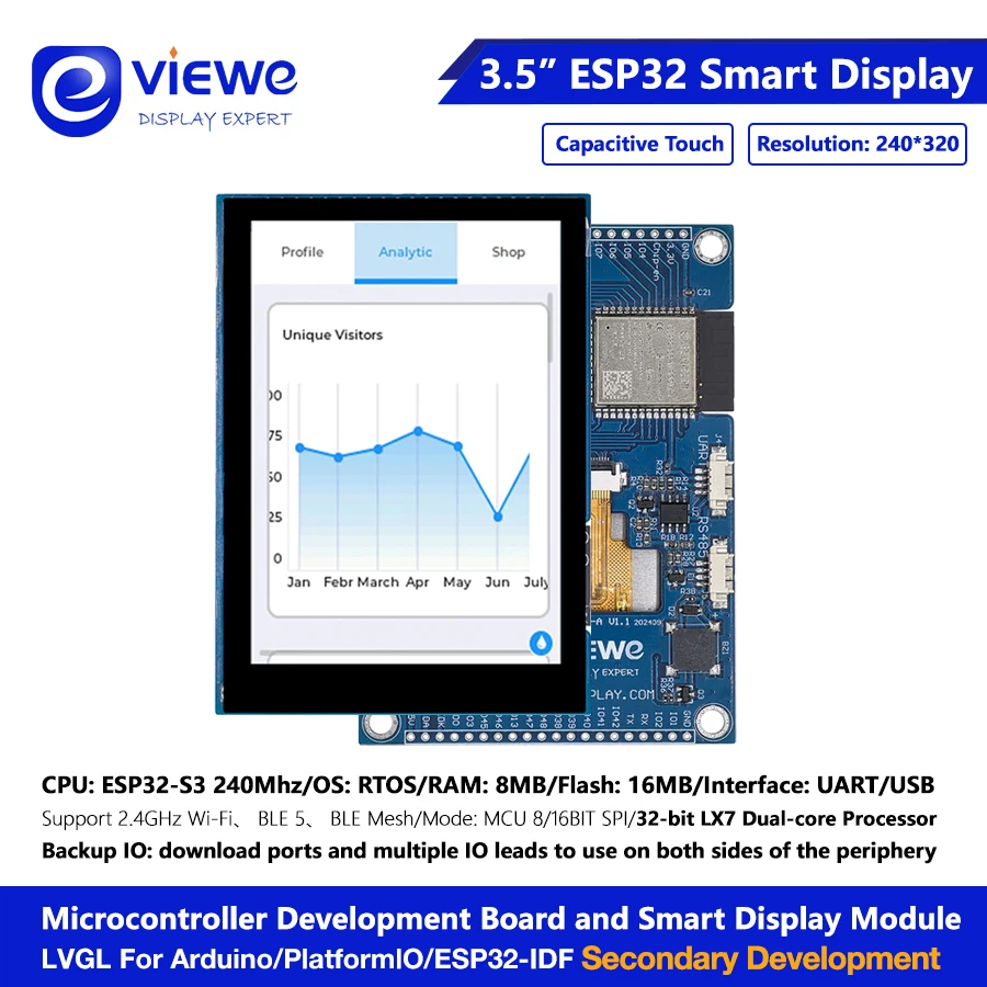 Pantalla ESP32 S3, placa de desarrollo de 3,5 pulgadas, doble núcleo LVGL 240*320 HMI 16M Flash ardu-ino WIFI y Bles, módulo TFT LCD con tacto