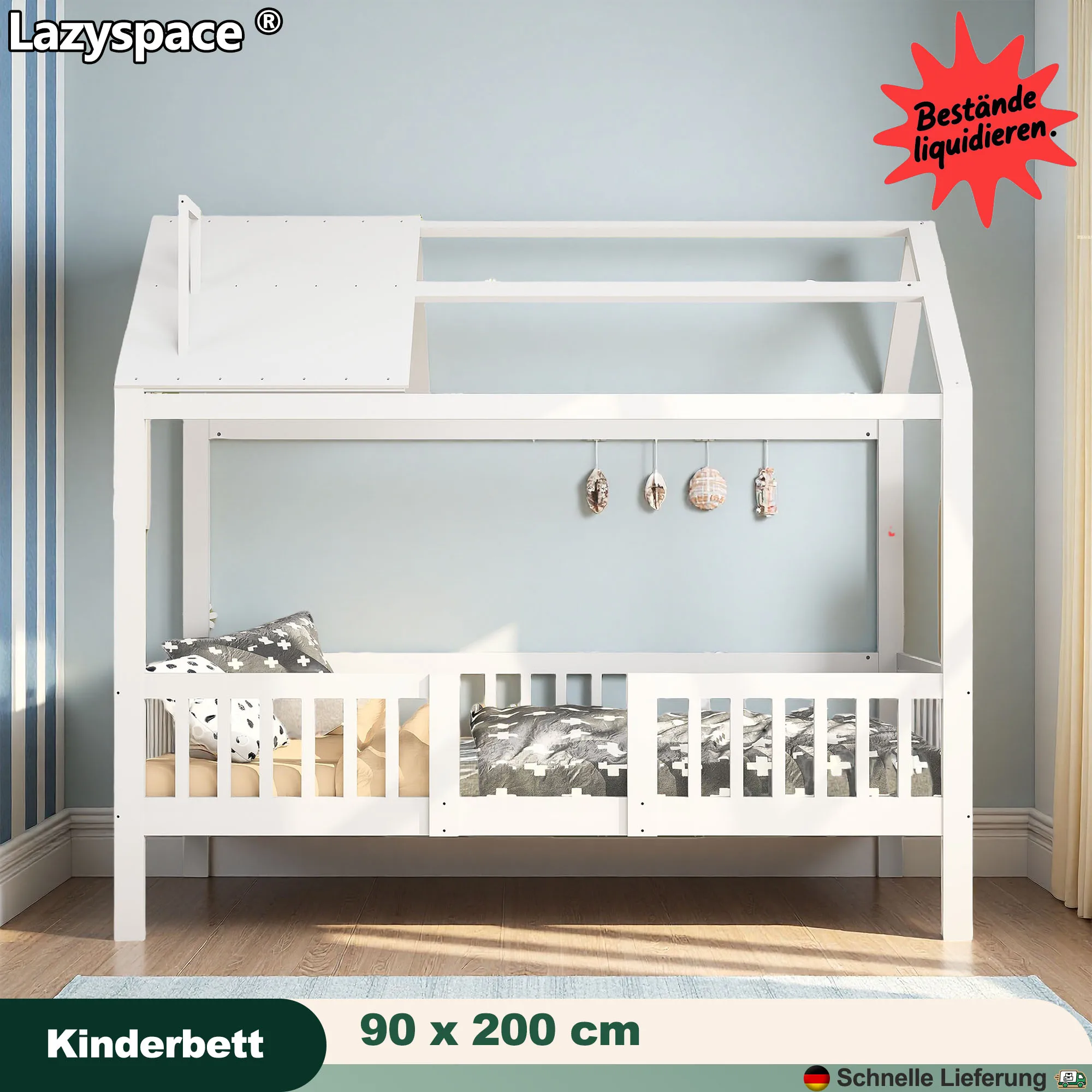 Łóżko pojedyncze dla dzieci Lazyspace, łóżko typu cottage 90 x 200 cm, łóżeczko, z ramą listwową i barierką, białe drewniane łóżko dla dzieci