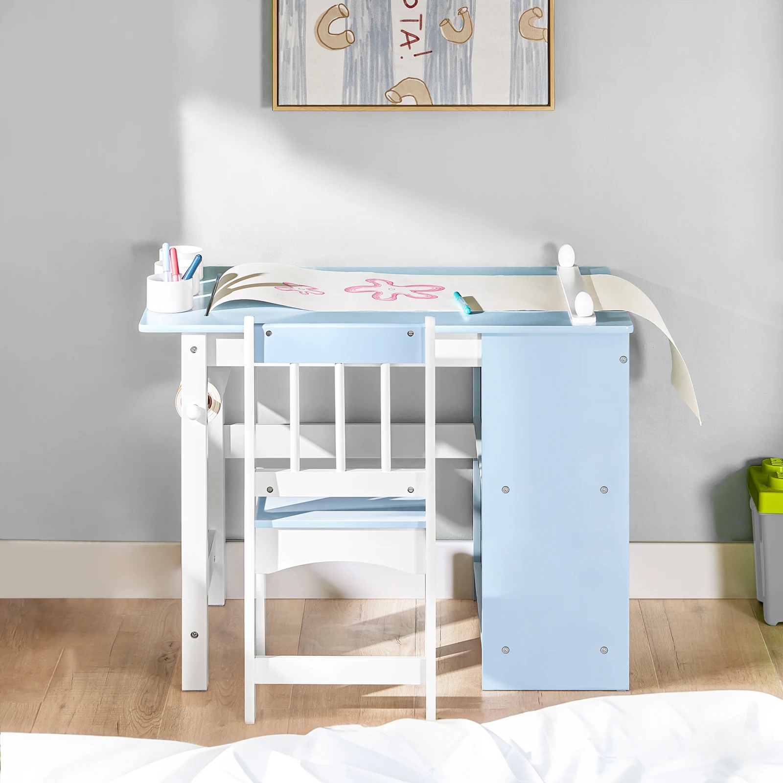 SoBuy KMB60 Conjunto de mesa e cadeira infantil de 2 peças com adesivos DIY mesa infantil com 3 porta-canetas
