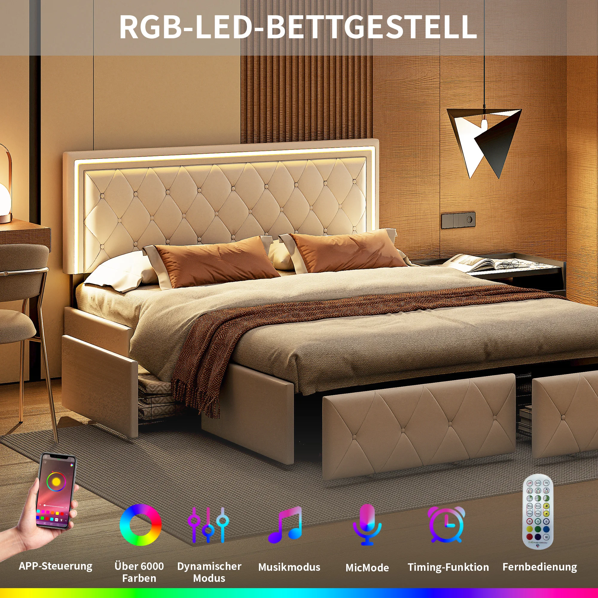 Rosahqnda Lit moderne en simili cuir avec tiroirs, lit double élégant en simili cuir avec rangement, sans matelas