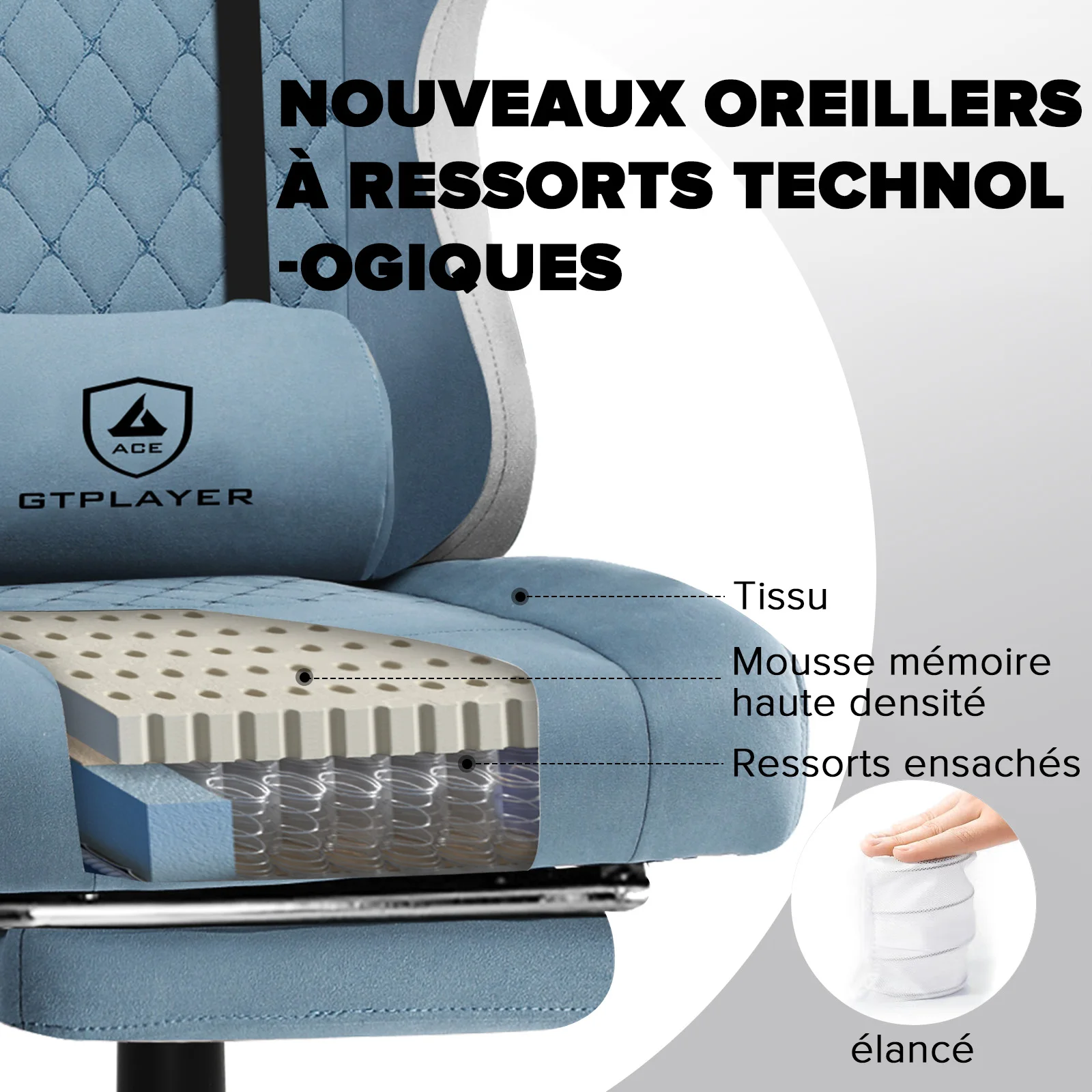 GTPLAYER Chaise Gaming Ergonomique en Tissu, Fauteuil Gamer avec Repose-Pieds, Accoudoirs Reliés et Coussin à Ressort