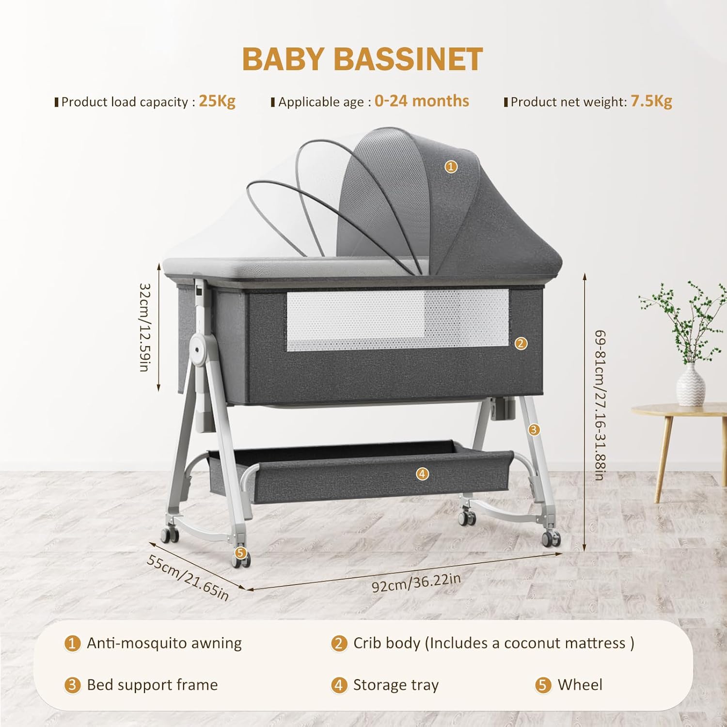 Cama de bebê 3 em 1 com cesta de armazenamento e mosquiteiro, berço de bebê com cinco ajustes de altura, berço de cabeceira para recém-nascidos de 0 a 12 meses