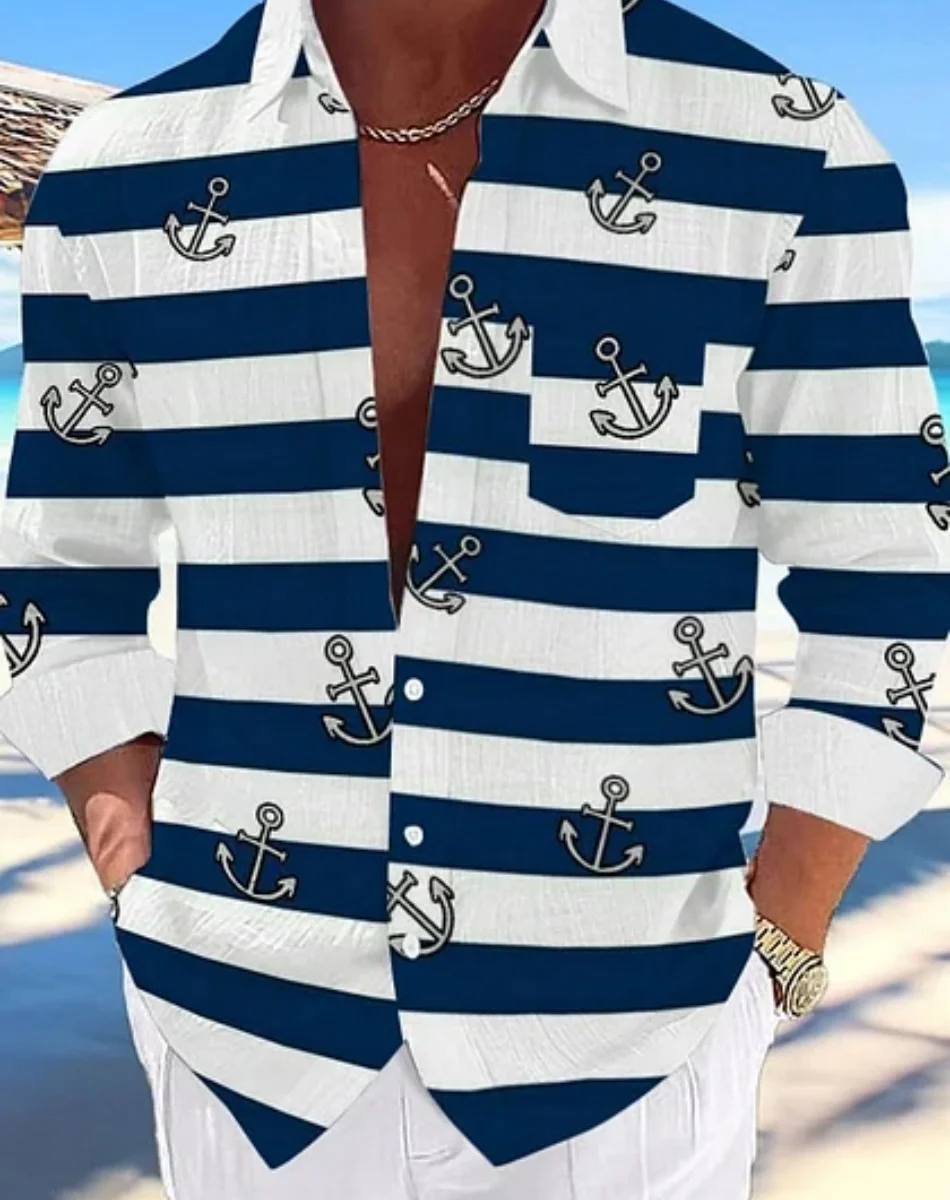 New Men's Casual Shirt Hawaiian Shirt Men's Summer 3D Printed Navy Pattern Shirt Casual Short Sleeve Shirt Men's Clothing Breath