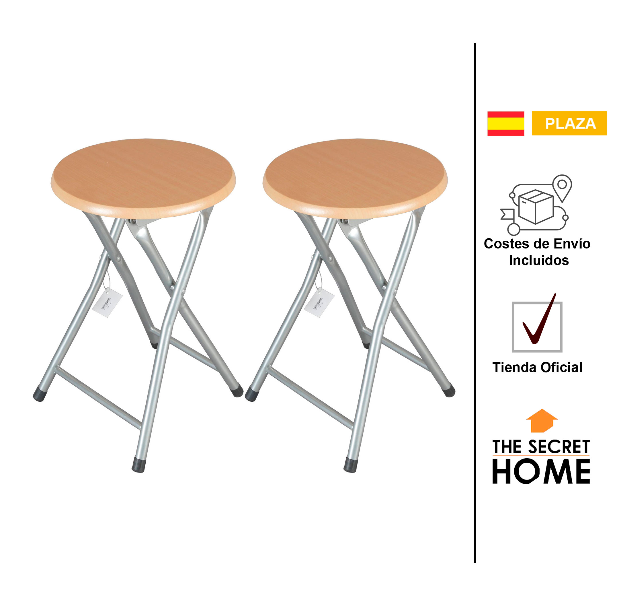 The Secret Home - Pack de 2 Taburetes Metálicos Plegables - Silla de Metal y Madera - Ligera y Elegante - Ideal para Cocina, Jardín y Baño - Patas Metálicas - Diámetro 30 x Altura 45 cm