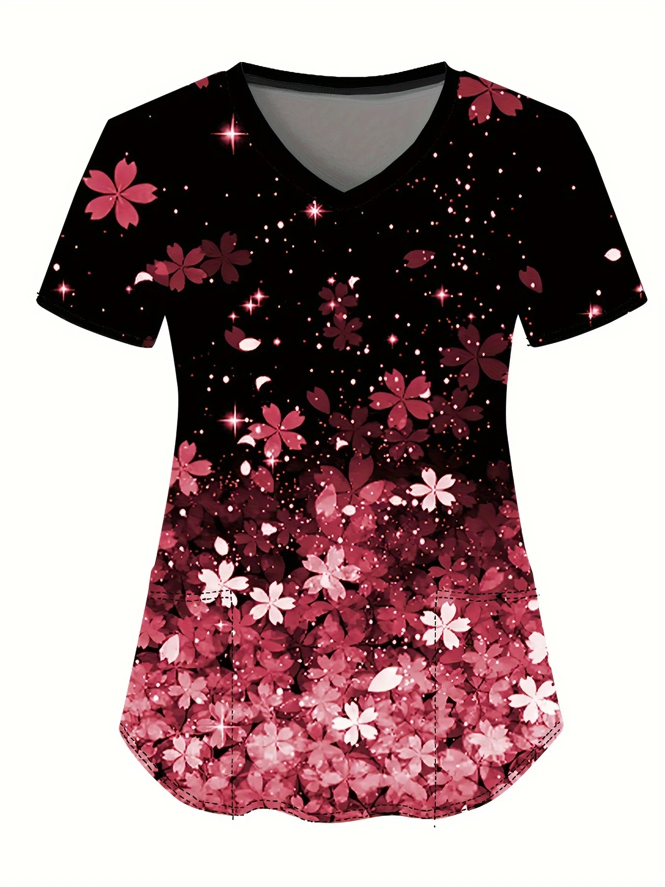 看護服女性の作業服スクラブトップ V ネック 2 つのポケット花柄プリント半袖医療制服ブラウス