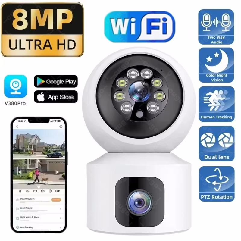 Cámara IP panorámica Wifi en casa de 8MP, vigilancia de doble lente, seguimiento automático, CCTV, visión nocturna en Color, Monitor de bebé, cámara inteligente PTZ para interiores