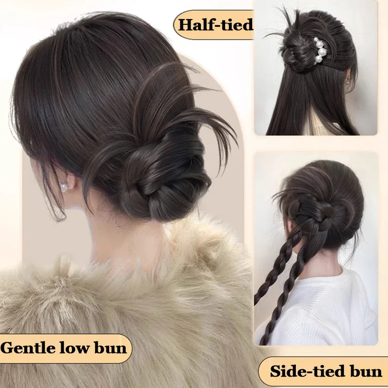Elegancka syntetyczna peruka z pąkami kwiatowymi z klipsem dla kobiet Messy Curly Scrunchie Chignon Bun Ponytail Extensions Low Bun Hair Wig
