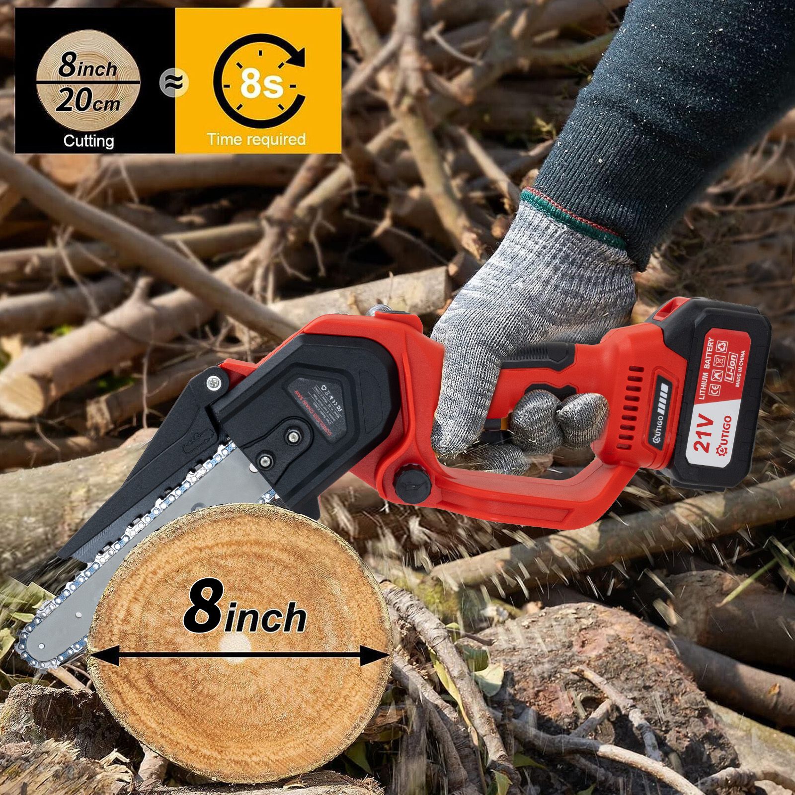 OUTIGO Tronçonneuse à batterie, Tronçonneuse 8 pouces,  2*3000mah, MINI Tronçonneuse sans fil, 4 chaînes+3 guides de chaîne