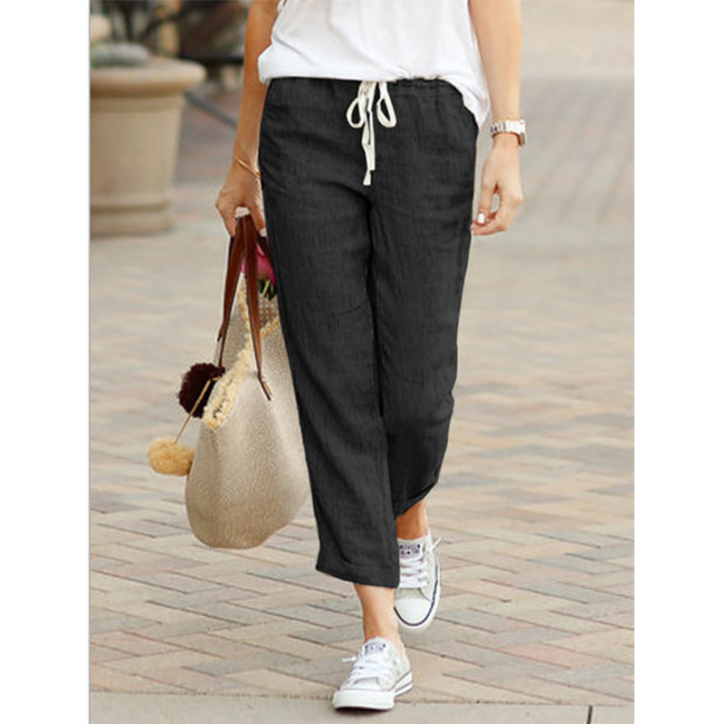 Pantalones de algodón de otoño para mujer Y2K, pantalones informales con cintura elástica y cordón negro, parte inferior elegante holgada a la moda para mujer