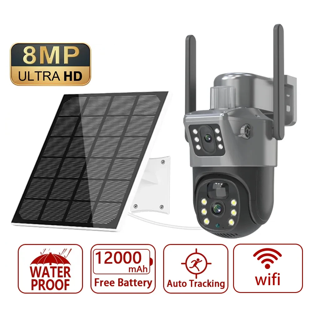 4K 8MP Dual Screen Solar Kamera Outdoor Wireless WiFi PTZ Dual Objektiv Sicherheit Schutz Auto Tracking CCTV Kameras